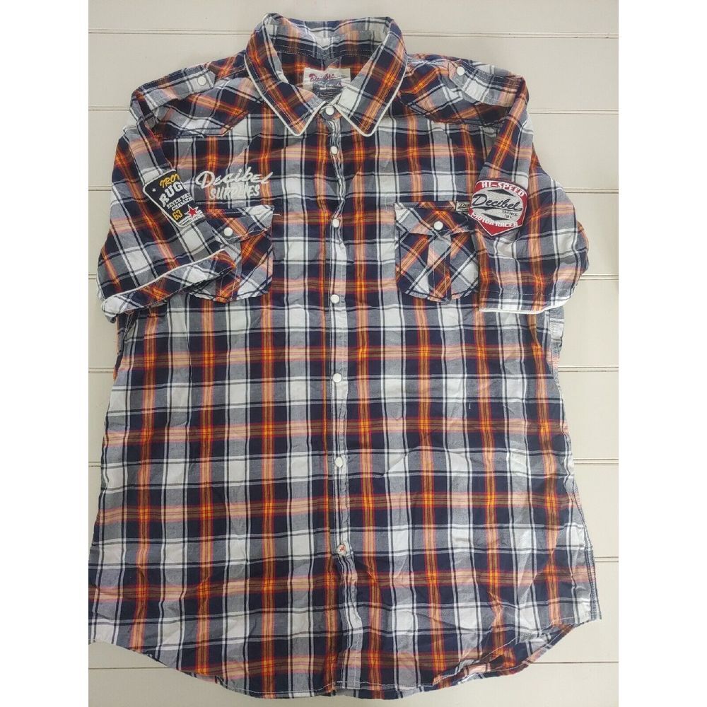 Decibel Mens 3XL Plaid Short Sleeve Button Down Shirt Patches Navy Orange White